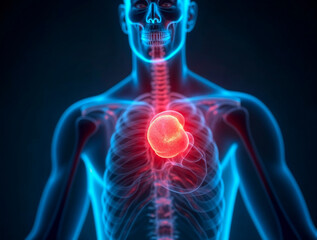 Human liver highlighted in medical scan showing disease or inflammation concept