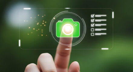 Finger touching a glowing green camera icon on a digital interface with bokeh background