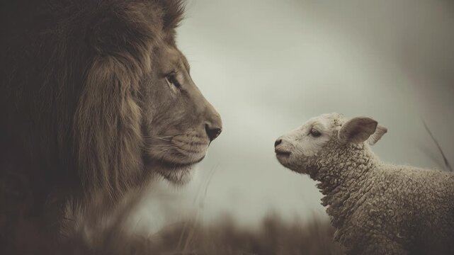 Nature teaches harmony between strength and vulnerability through a lion and a lamb's encounter