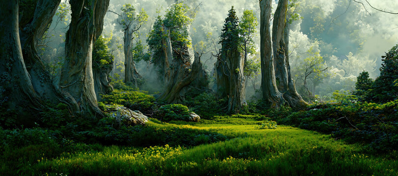 A vibrant, mystical forest scene with ancient, towering trees, lush green moss, and sunlit clearings, evoking enchantment and mystery.