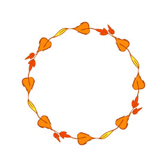 Various leaves intertwined in autumn wreath, shades of orange and yellow. Simple doodle frame