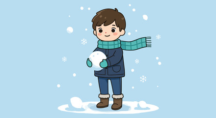 Adorable cartoon boy holding a snowball in a winter wonderland with falling snow.