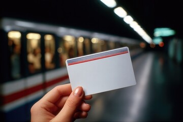 Hand holding blank card in subway station, illuminated platform,
