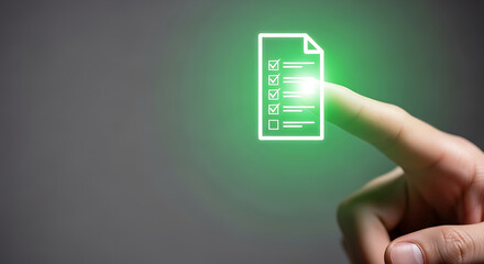 Finger touching a glowing green document icon with checklist on a dark background