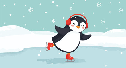 Adorable cartoon penguin ice skating with headphones and earmuffs in a snowy winter scene.