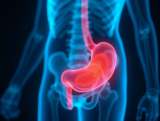 Human liver highlighted in medical scan showing disease or inflammation concept
