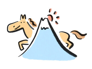 墨絵の富士山と初日の出とかわいい馬　筆書き　2026 水彩画