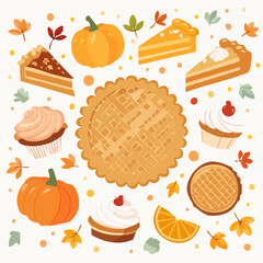 Thanksgiving Dessert Vector Icon Set with Pumpkin Pie and Muffins
