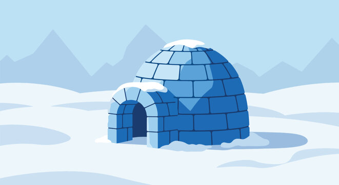 Blue Igloo Structure with Snow-Covered Entrance in a Winter Landscape.