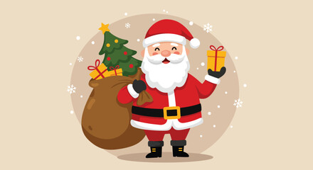 Cheerful Santa Claus holding a gift with a sack and Christmas tree.