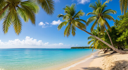 Tropical beach with white sand, turquoise water, and leaning palm trees under a clear blue sky