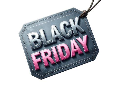 Black friday sale tag label features bold pink text on dark tag, ideal for promotions, discounts, retail advertisements, and shopping marketing campaigns. - Powered by Adobe