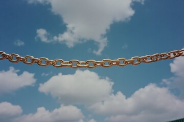 Shiny chain links stretch across bright blue sky, contrasting wi