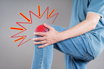 Knee pain, joint inflammation, arthritis and degenerative changes, man suffering from leg ache and...