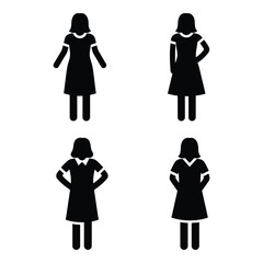 Four black silhouettes of young girls in dresses posed differently for graphic design applications silhouette