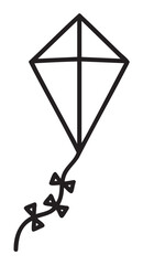 Black outline vector icon of a simple diamond-shaped kite with a string and small bows attached. minimal linear illustration for leisure and outdoor activity concepts.