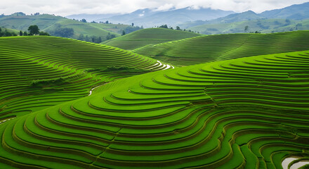 Fototapeta premium Lush green rice terraces cascading down rolling hills in a rural landscape, creating a vibrant, patterned vista