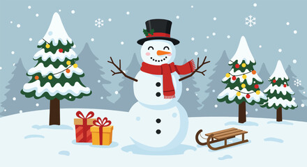 Cheerful Snowman with Gifts and Sled in Snowy Winter Wonderland.