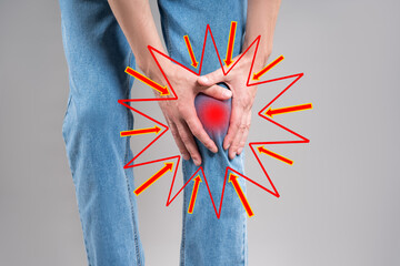 Knee pain, joint inflammation, arthritis and degenerative changes, man suffering from leg ache and...