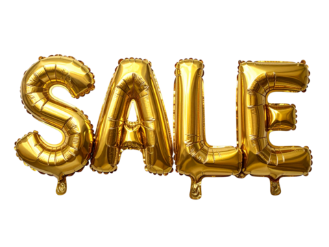 Gold foil sale balloon letters promote festive discounts, ideal for advertising, store windows, party decorations, and seasonal retail campaigns.