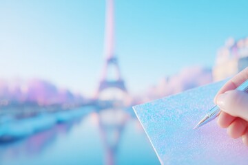 Hand holding pen above shimmering sheet with Eiffel Tower in sof