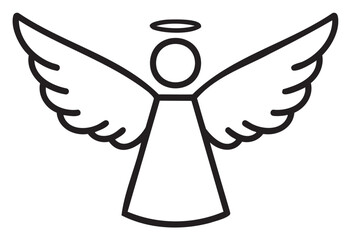Black outline icon of a simple angel with wings and a halo. minimal linear illustration for spiritual and religious concepts.