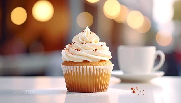 Delicious Cupcake with Creamy Frosting and Coffee in the Background.