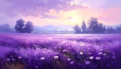 Beautiful lavender field landscape at sunset in purple tones