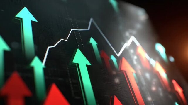 Stock market graph with colorful arrows showing financial growth and decline, investment data chart with green and red arrows on dark background, dynamic business trends and financial analysis
