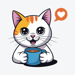 Cartoon cat holding a blue mug with a heart in a speech bubble cute kawaii.