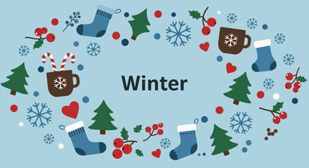 Festive Winter Holiday Elements Border with Winter Text.