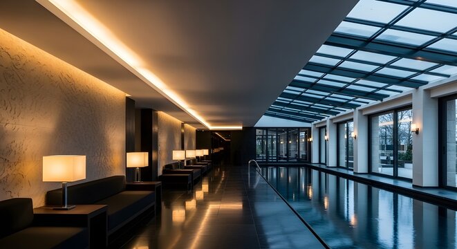 Luxurious modern indoor swimming pool area in a high-end spa or hotel resort