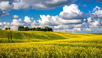 A vibrant, sun-drenched field of yellow flowers under a bright blue sky filled with fluffy, white clouds. Gentle hills lead to treeline