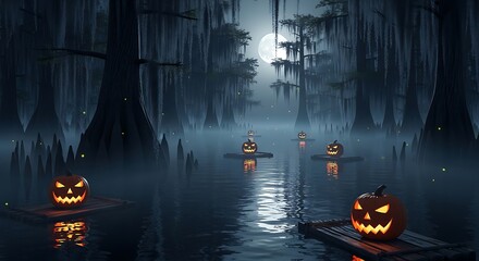 A witch's serene yet spooky journey through a moonlit swamp adorned with glowing pumpkin lights for Halloween