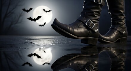 Spooky Halloween night scene with gothic boots reflecting a full moon and bats