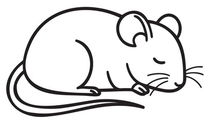 Obraz premium Black outline drawing of a sleeping mouse with closed eyes and curled tail, showing minimalistic and simple art style.