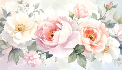 Pastel-colored floral illustration of delicate blossoms with green leaves against a hazy background. Soft colors and detailed petals