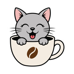 Cute cartoon grey cat peeking out of a coffee cup with bean kitten animal.