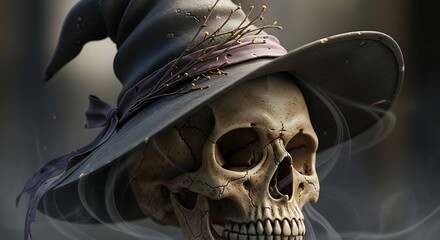 Eerie Skull in Witch Hat A Haunting Halloween Portrait