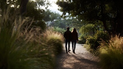A couple enjoys a romantic walk hand in hand along a serene sunlit garden path lined with lush greenery and tall grasses