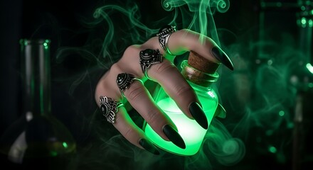 Mysterious sorceress hand with dark nails holding a glowing green magic elixir