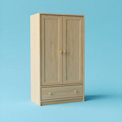 Simple wooden wardrobe on a clean light blue background.
