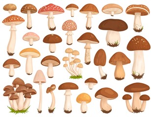 Assortment of various edible and inedible fungi