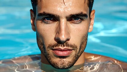 Close-up of a wet man's face emerging from a pool, focusing on his intense gaze