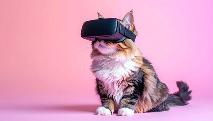 Cat in VR - A Felines Virtual Reality Experience on Pink Background.