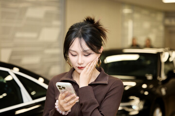 Asian beauty test driving a car in a 4S car dealership
