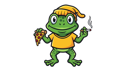 Cartoon frog wearing a hat holding a pizza slice and a cigarette cartoon illustration