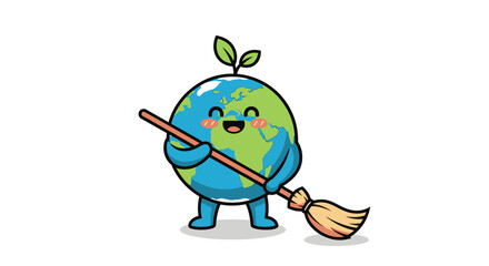 Obraz premium Cartoon earth character sweeping with broom promoting environmental awareness and clean earth