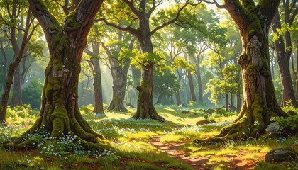 Naklejka premium Beautiful and Lush Forest Scene with Sunlight Shining Through Trees