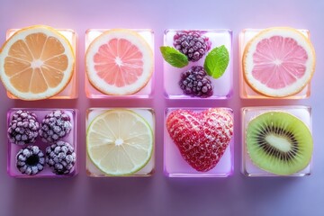 Bright arrangement of colorful fruit slices, showcasing vibrant